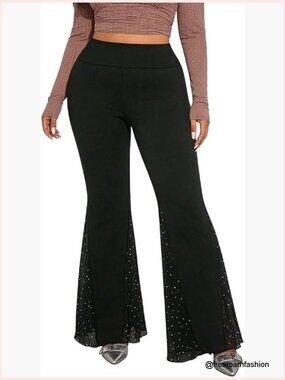 Plus Size Bell Bottom Pants 70s Sequin High Waist Mesh Flare Pants Disco